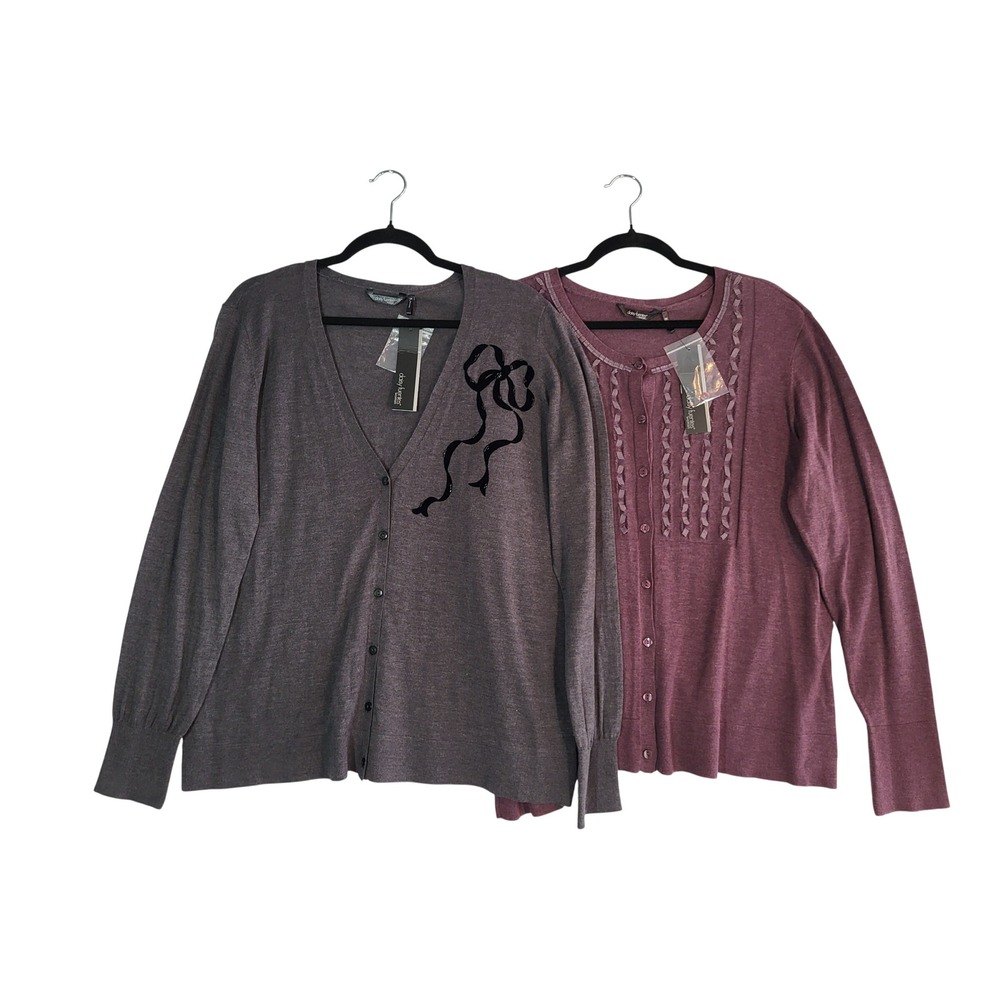 Daisy Fuentes Cardigans Plus 1X LOT OF 2 Gray Plum Lightweight Bow Ribbon NEW